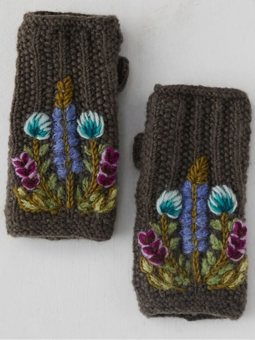 Anthropologie Hand-Knit Brown Floral Embroidered Fingerless Gloves